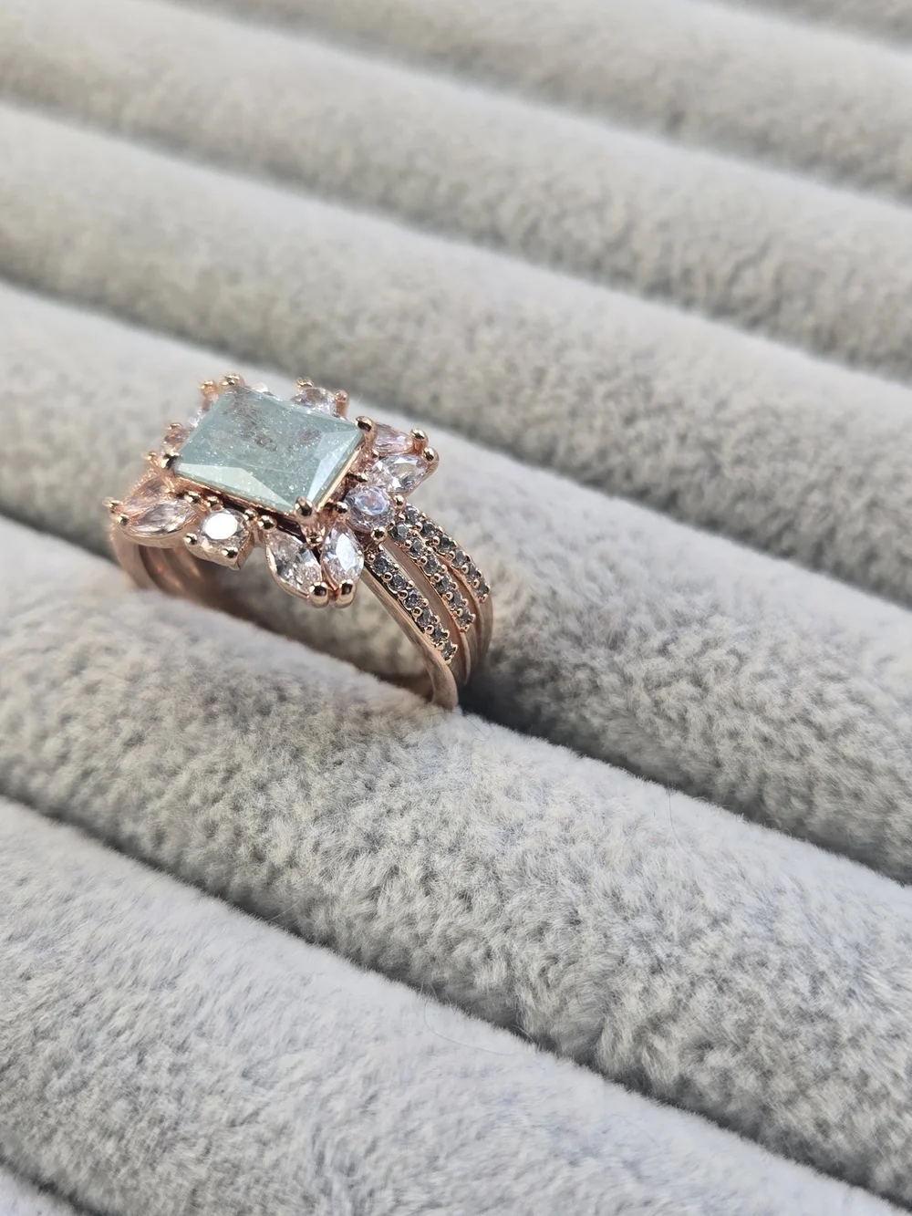 Size 8 Bomb Party Blue Sapphire Ice Crystal Rose Gold Plated